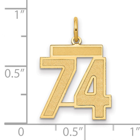 Medium Satin Number 74 Charm Pendant in Real 14k Yellow Gold