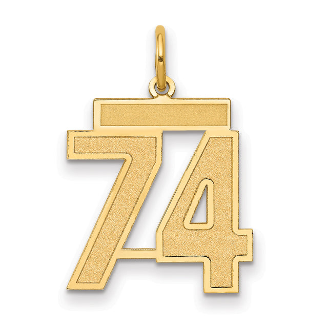 Medium Satin Number 74 Charm Pendant in Real 14k Yellow Gold