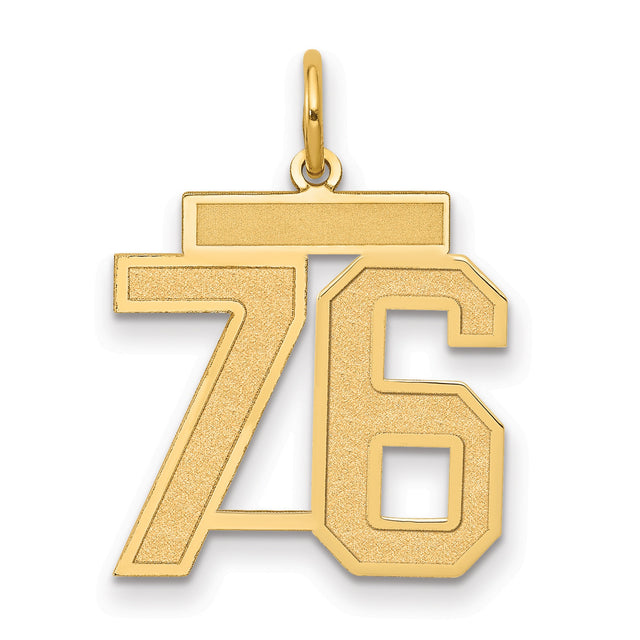 Medium Satin Number 76 Charm Pendant in Real 14k Yellow Gold