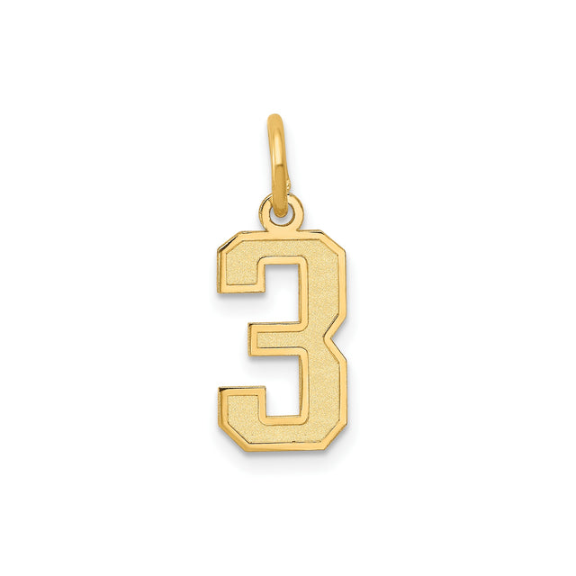 14k Yellow Gold Number 3 Pendant, Bold Block Style Satin Finish Charm, Unisex Jewelry