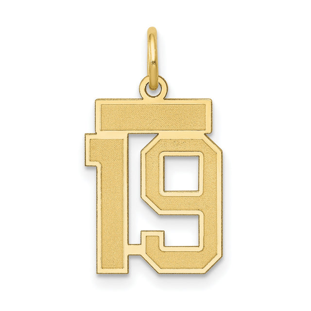 14k Yellow Gold Pendant, Number 19 Varsity Style Charm, Unisex Sports Milestone Jewelry