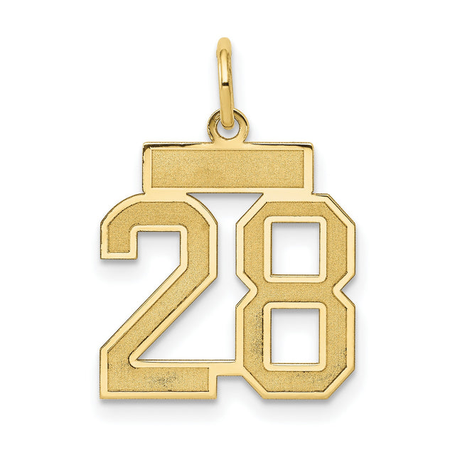 14k Yellow Gold Number 28 Pendant, Solid Block Font Design, Satin Finish Unisex Charm