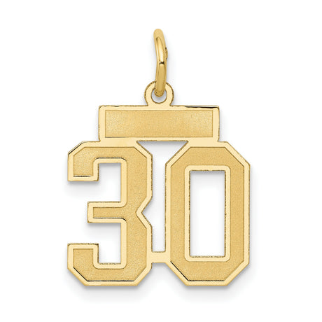 14k Yellow Gold Number 30 Pendant, Bold Block Numeral Charm with Satin Finish, Unisex Jewelry