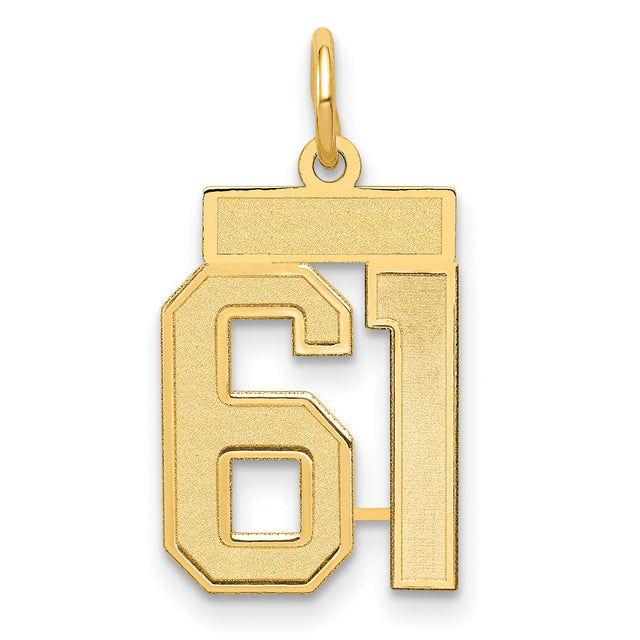 Small Satin Number 61 Charm Pendant in Real 14k Yellow Gold