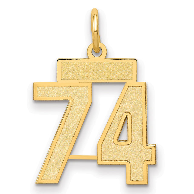 Small Satin Number 74 Charm Pendant in Real 14k Yellow Gold