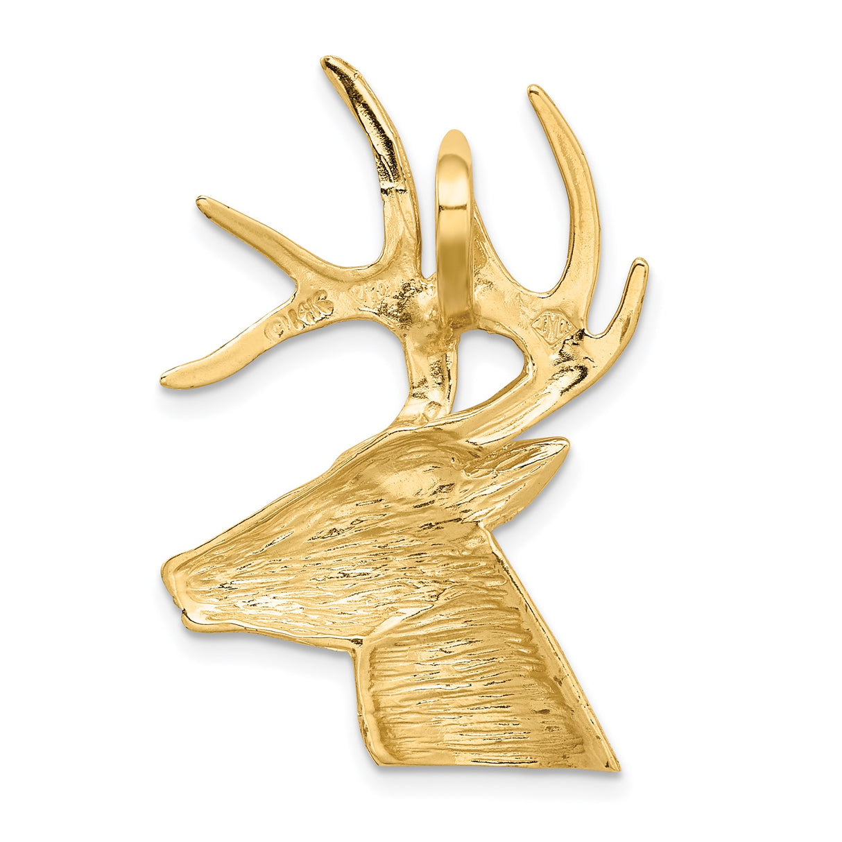 14k Yellow Gold Stag Head Pendant with Detailed Antlers and Textured Neck