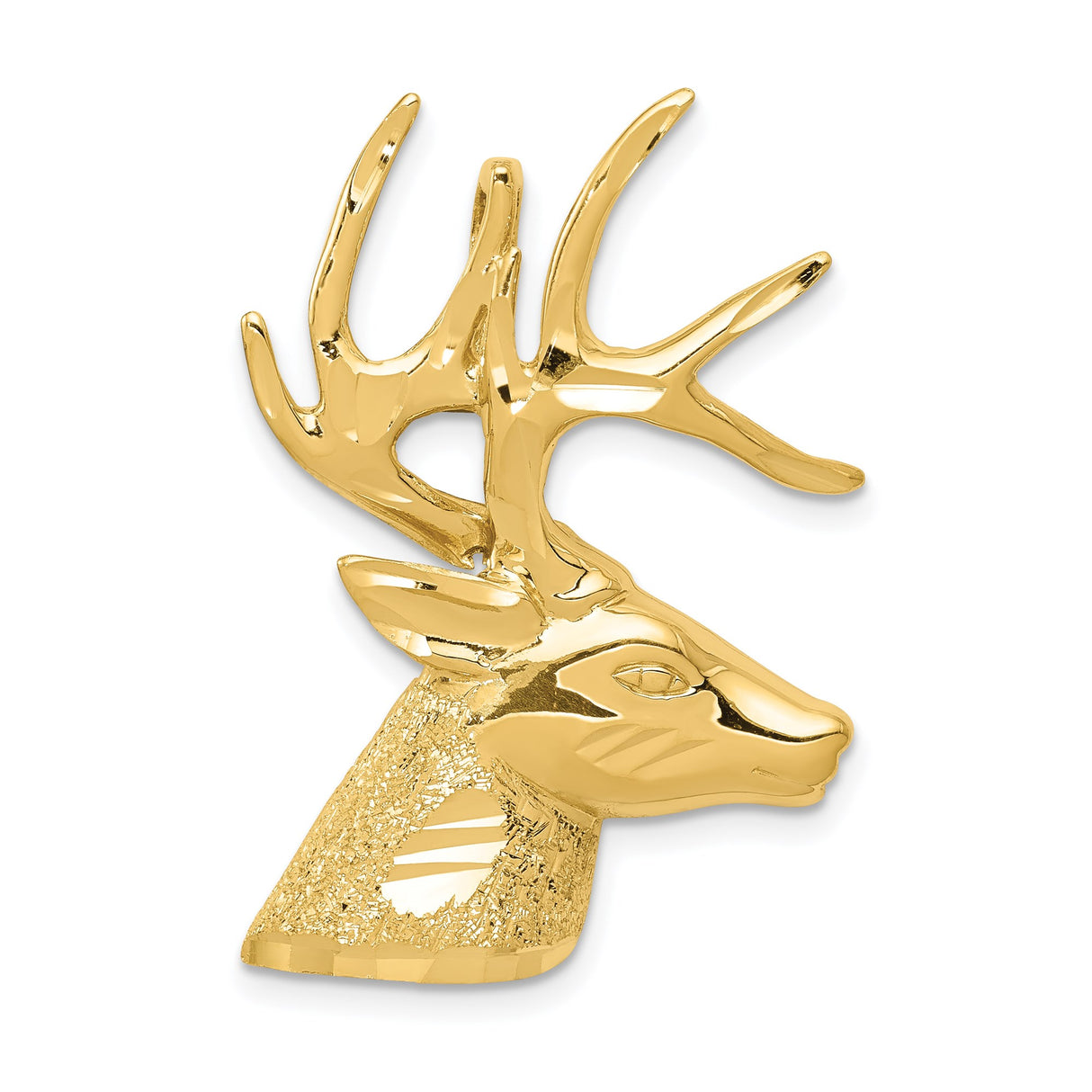14k Yellow Gold Stag Head Pendant with Detailed Antlers and Textured Neck