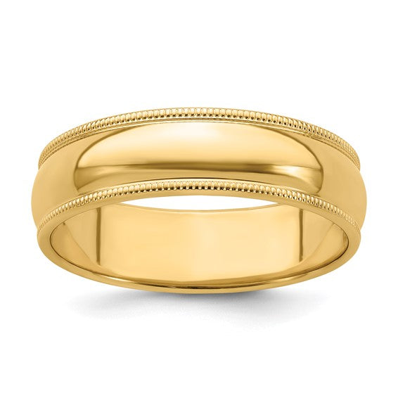 14K Yellow Gold Milgrain Domed Half Round Wedding Band 6mm Solid Wide Ring
