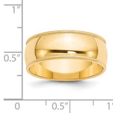 14K Yellow Gold Milgrain Domed Half Round Wedding Band, 8 Mm Wide, Classic