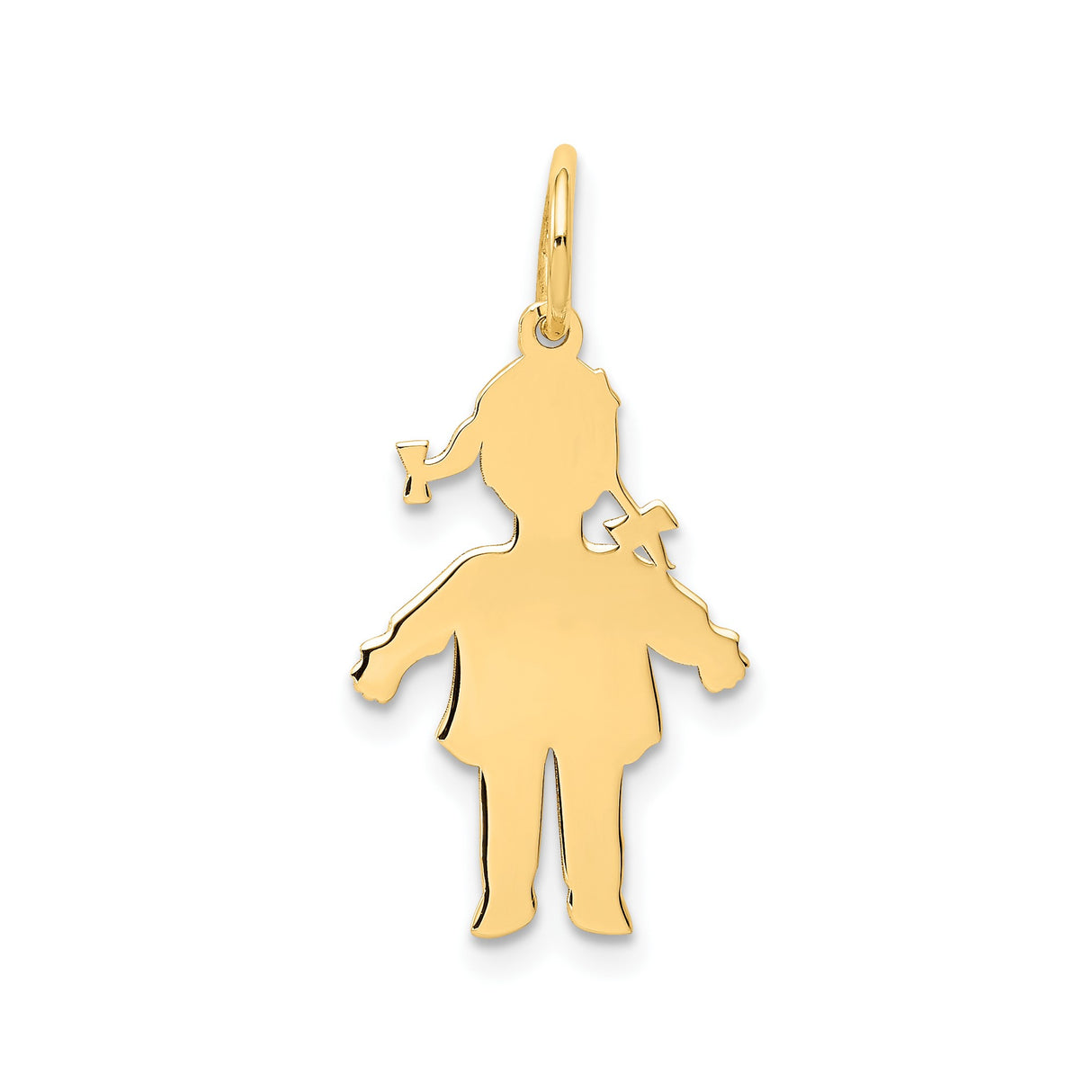 14k Yellow Gold Girl Silhouette Cross Pendant with Pigtails, Christian Faith Charm