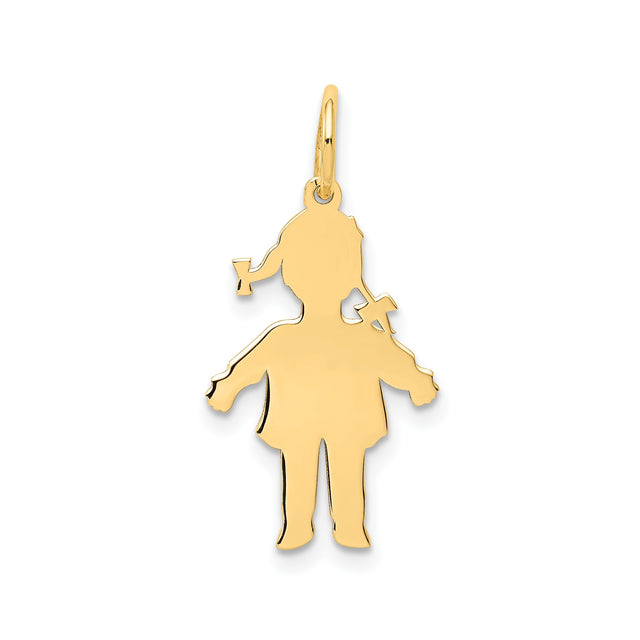 14k Yellow Gold Girl Silhouette Cross Pendant with Pigtails, Christian Faith Charm