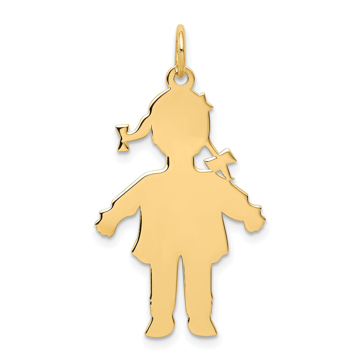 14k Yellow Gold Girl Silhouette Pendant with Pigtails and Small Cross, Christian Charm