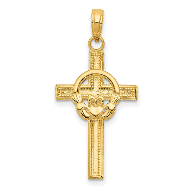 Polished Claddagh Symbol Satin Latin Cross Charm Pendant in Real 14k Yellow Gold