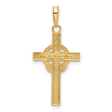 14k Yellow Gold Claddagh Cross Pendant with Green Enamel, Celtic Crown Heart Hands Design