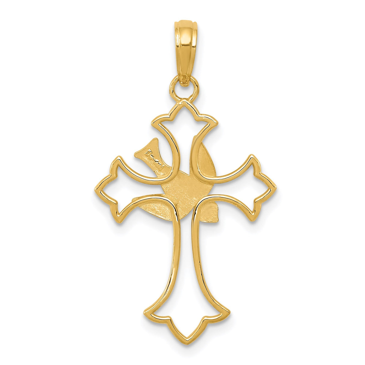 14k Yellow Gold Cross Pendant with Dove Overlay and Fleur De Lis Detail