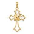 14k Yellow Gold Cross Pendant with Dove Overlay and Fleur De Lis Detail