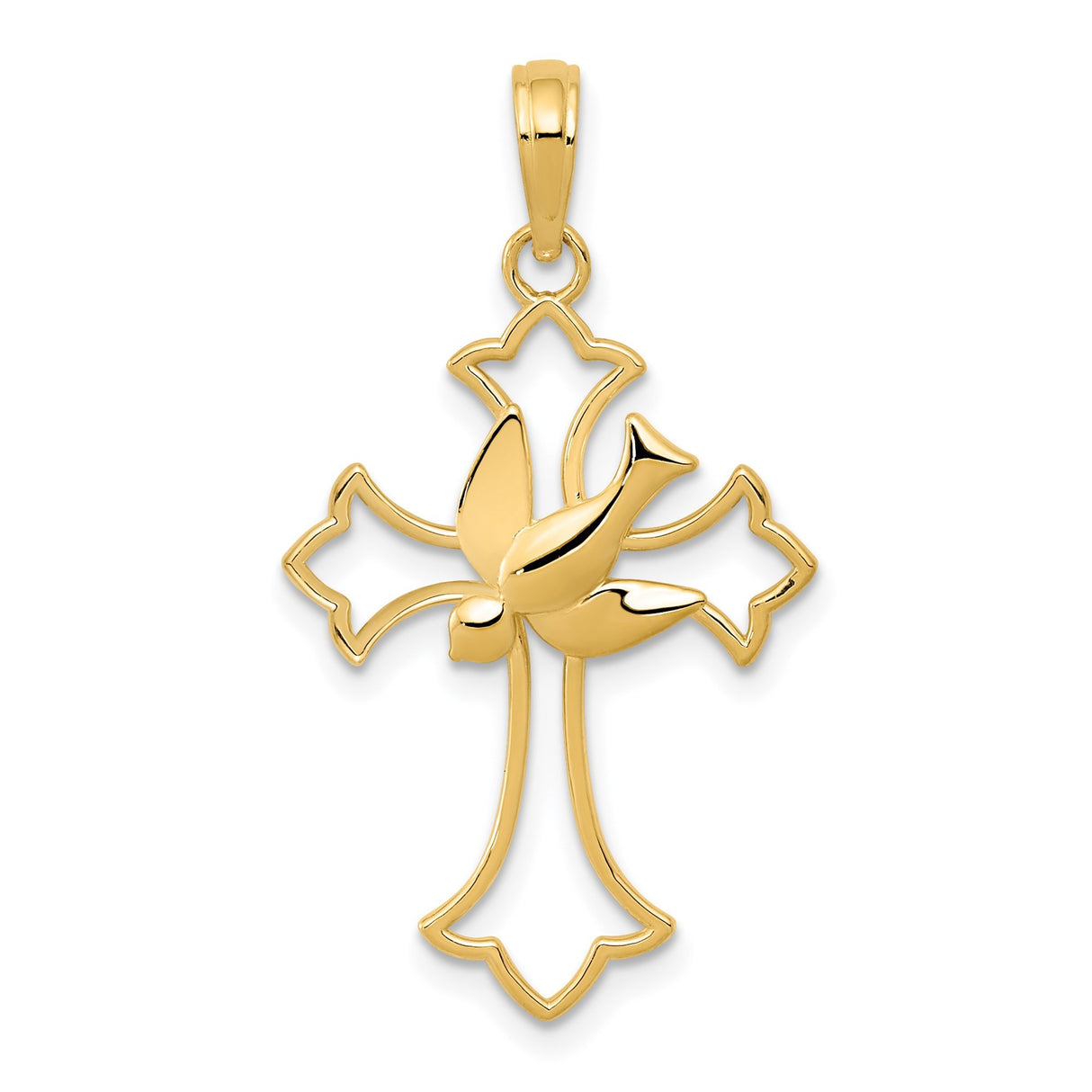 14k Yellow Gold Cross Pendant with Dove Overlay and Fleur De Lis Detail
