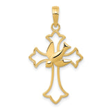14k Yellow Gold Cross Pendant with Dove Overlay and Fleur De Lis Detail