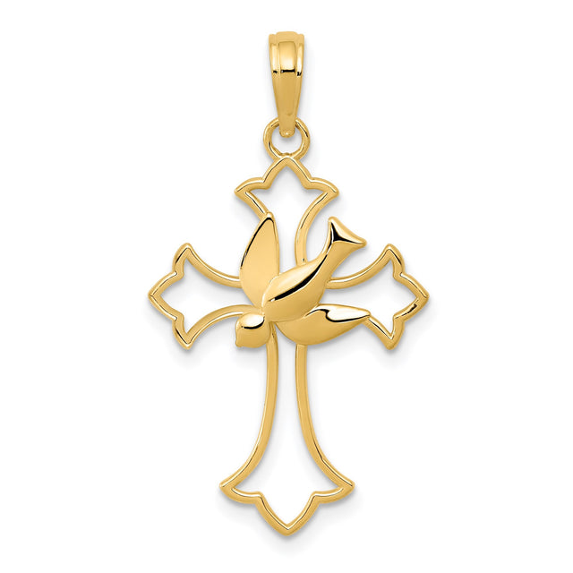 14k Yellow Gold Cross Pendant with Dove Overlay and Fleur De Lis Detail
