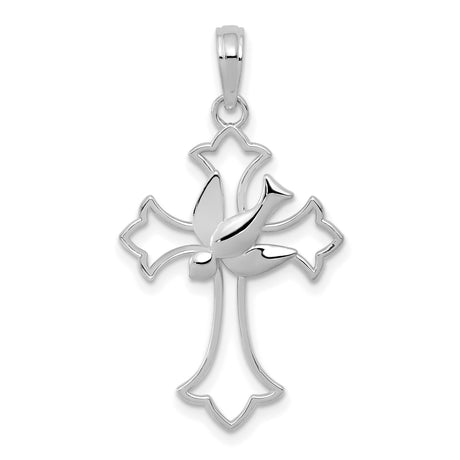 14k White Gold Cross Pendant with Dove and Fleur-de-Lis Design Faith Jewelry