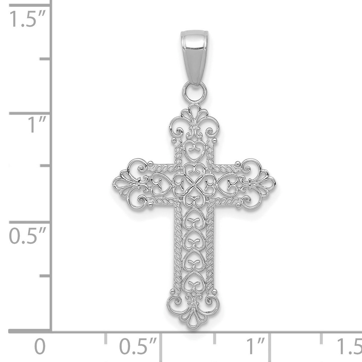 14k White Gold Filigree Cross Pendant with Fleur de Lis Design and Scroll Details