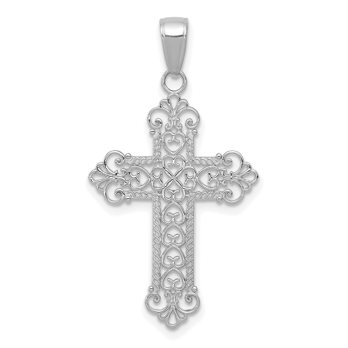 14k White Gold Filigree Cross Pendant with Fleur de Lis Design and Scroll Details