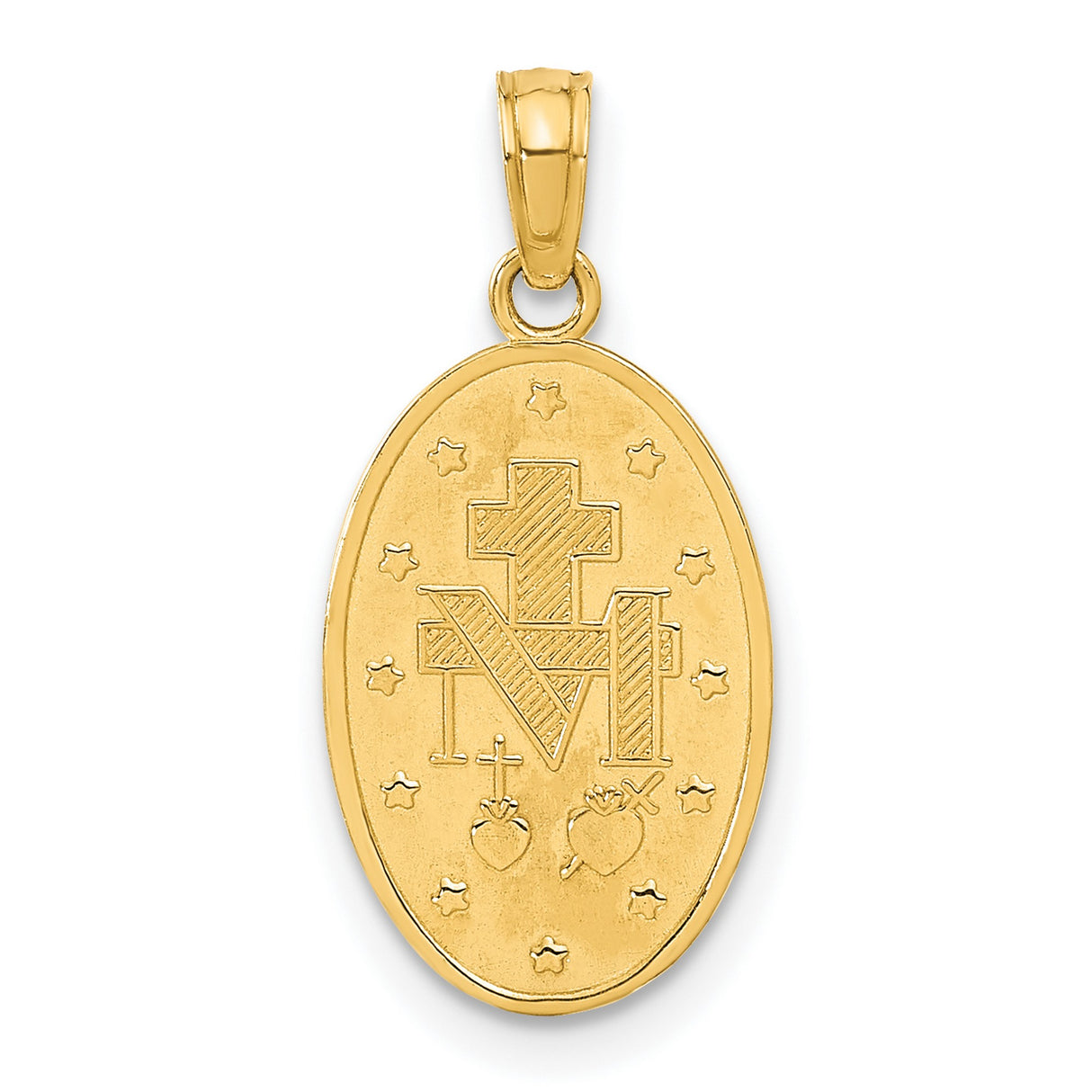 14k Yellow Gold Miraculous Medal Pendant with Virgin Mary and Inscribed Prayer