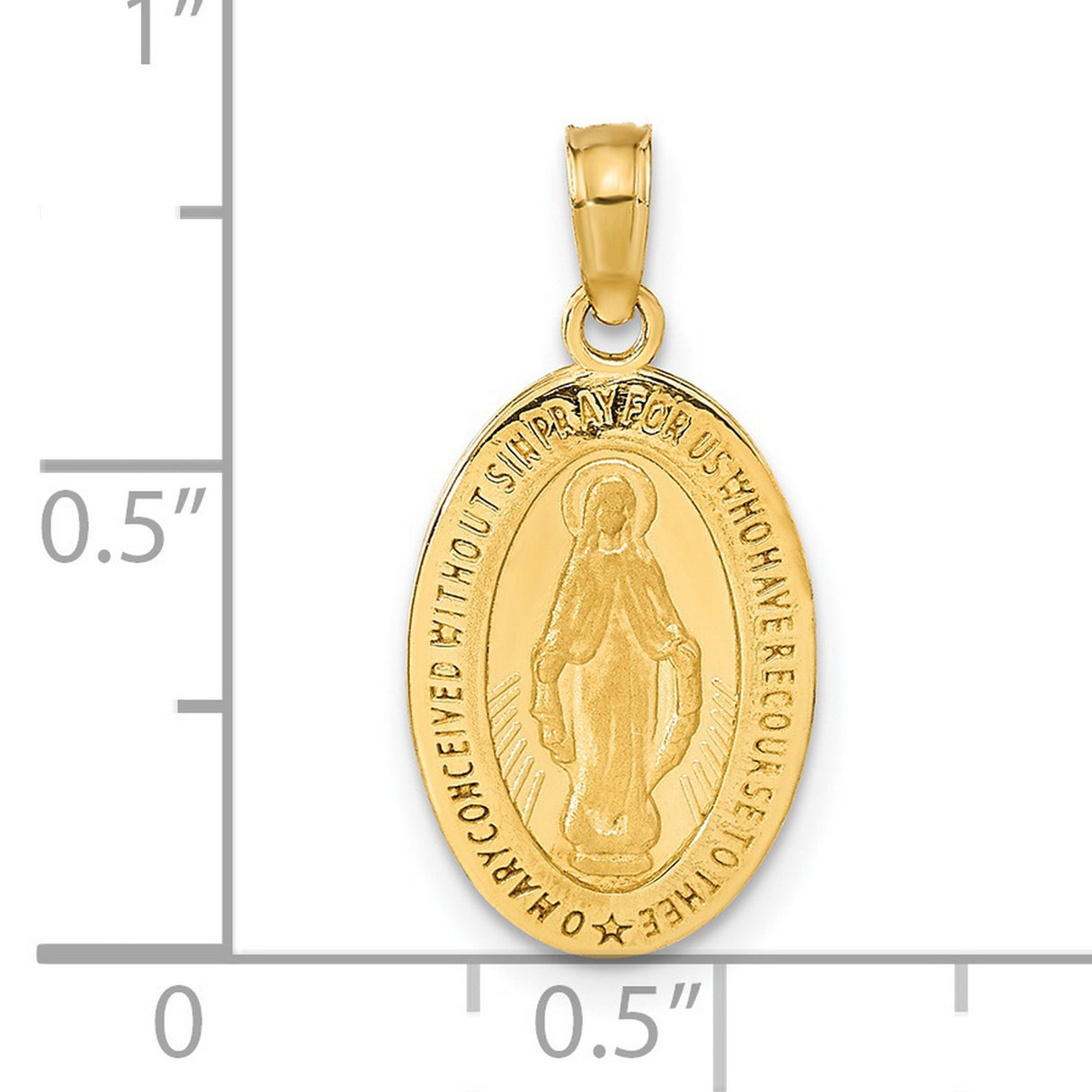 14k Yellow Gold Miraculous Medal Pendant with Virgin Mary and Inscribed Prayer