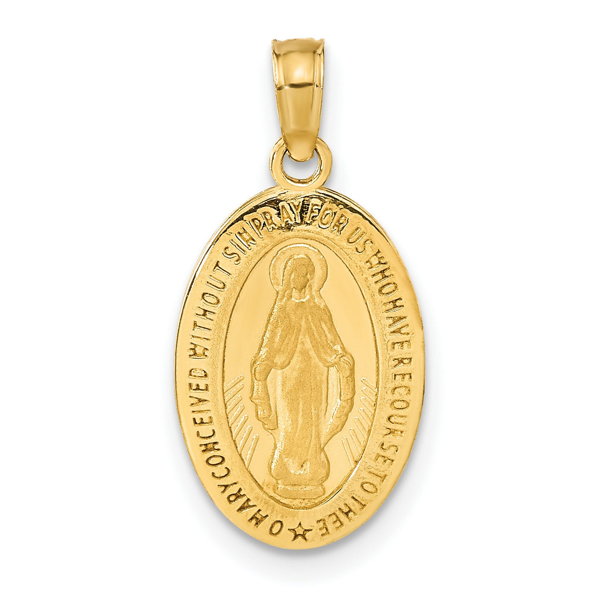 14k Yellow Gold Miraculous Medal Pendant with Virgin Mary and Inscribed Prayer