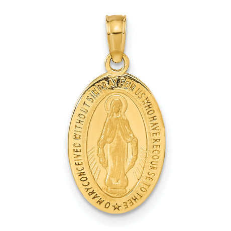 14k Yellow Gold Miraculous Medal Pendant with Virgin Mary and Inscribed Prayer
