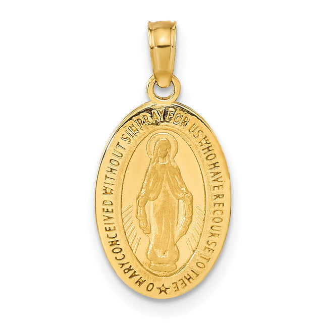 14k Yellow Gold Miraculous Medal Pendant with Virgin Mary and Inscribed Prayer