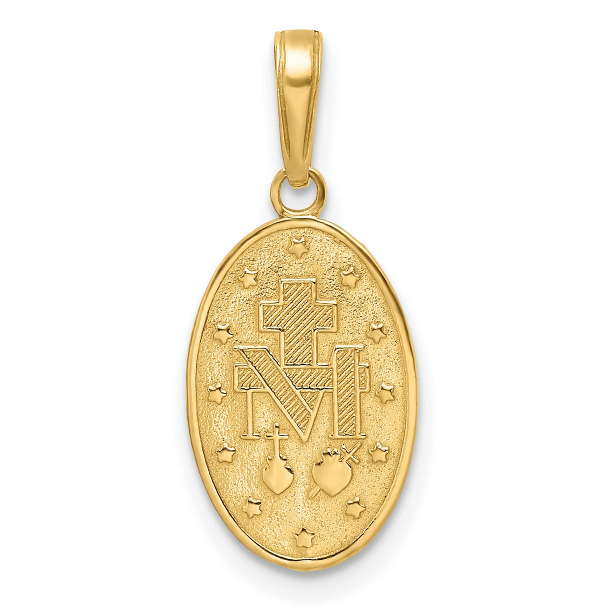 14k Yellow Gold Miraculous Medal Pendant with Red Enamel Featuring Virgin Mary and Prayer