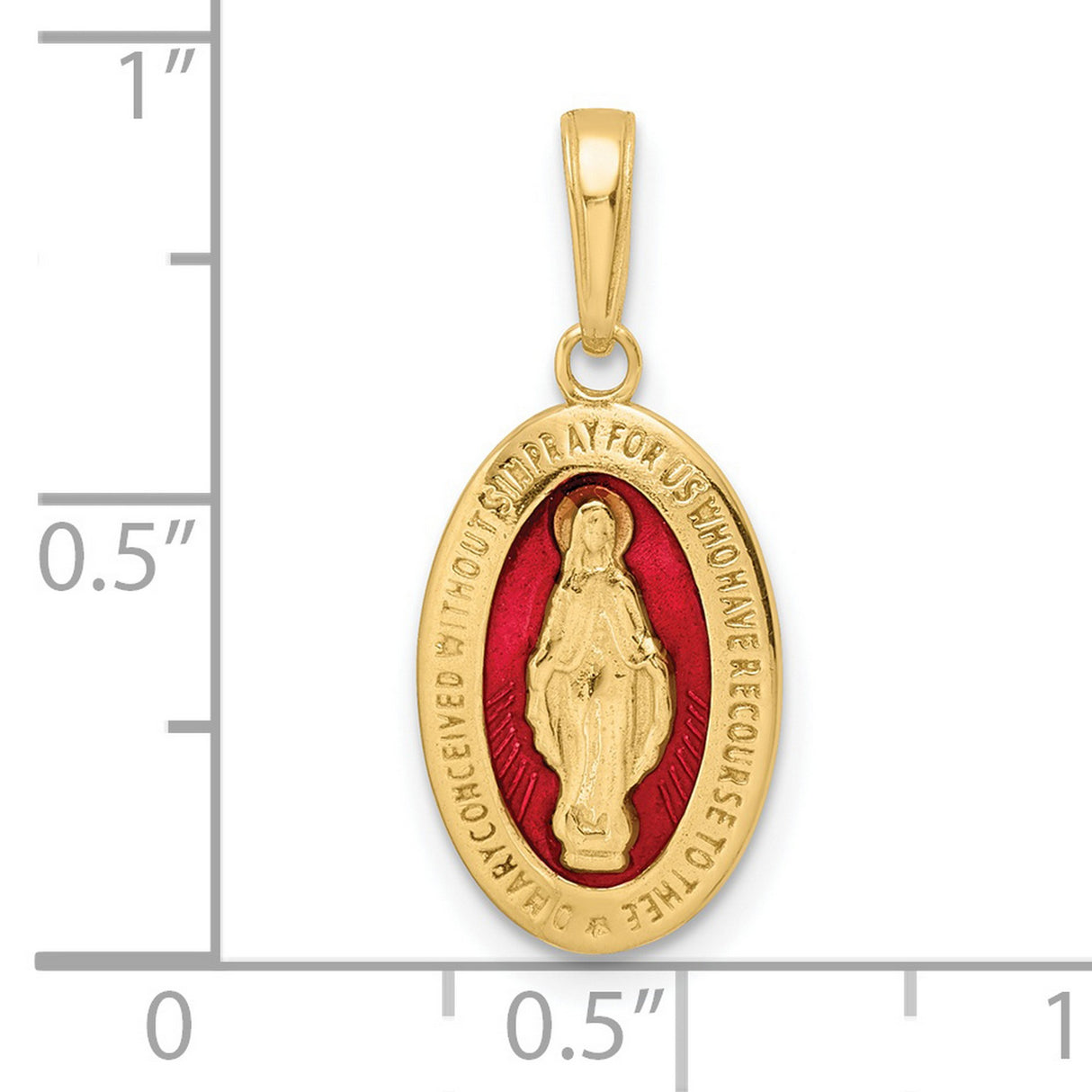 14k Yellow Gold Miraculous Medal Pendant with Red Enamel Featuring Virgin Mary and Prayer
