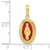 14k Yellow Gold Miraculous Medal Pendant with Red Enamel Featuring Virgin Mary and Prayer