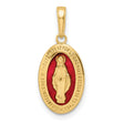 14k Yellow Gold Miraculous Medal Pendant with Red Enamel Featuring Virgin Mary and Prayer