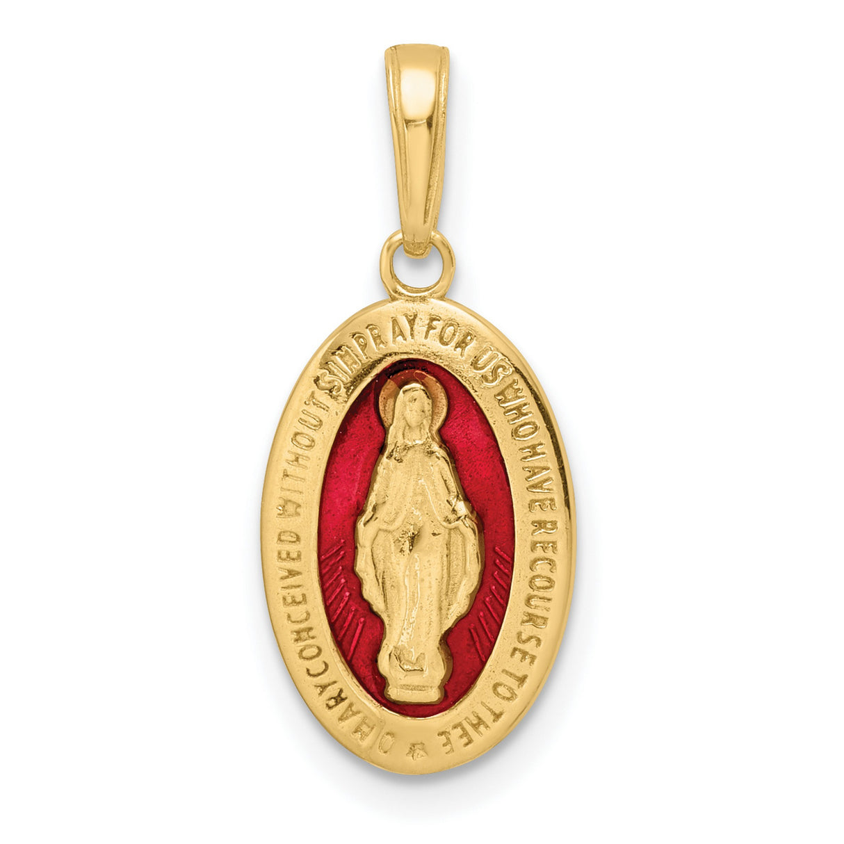 14k Yellow Gold Miraculous Medal Pendant with Red Enamel Featuring Virgin Mary and Prayer