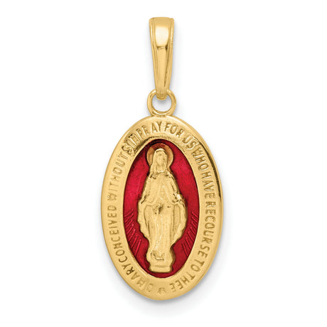 14k Yellow Gold Miraculous Medal Pendant with Red Enamel Featuring Virgin Mary and Prayer