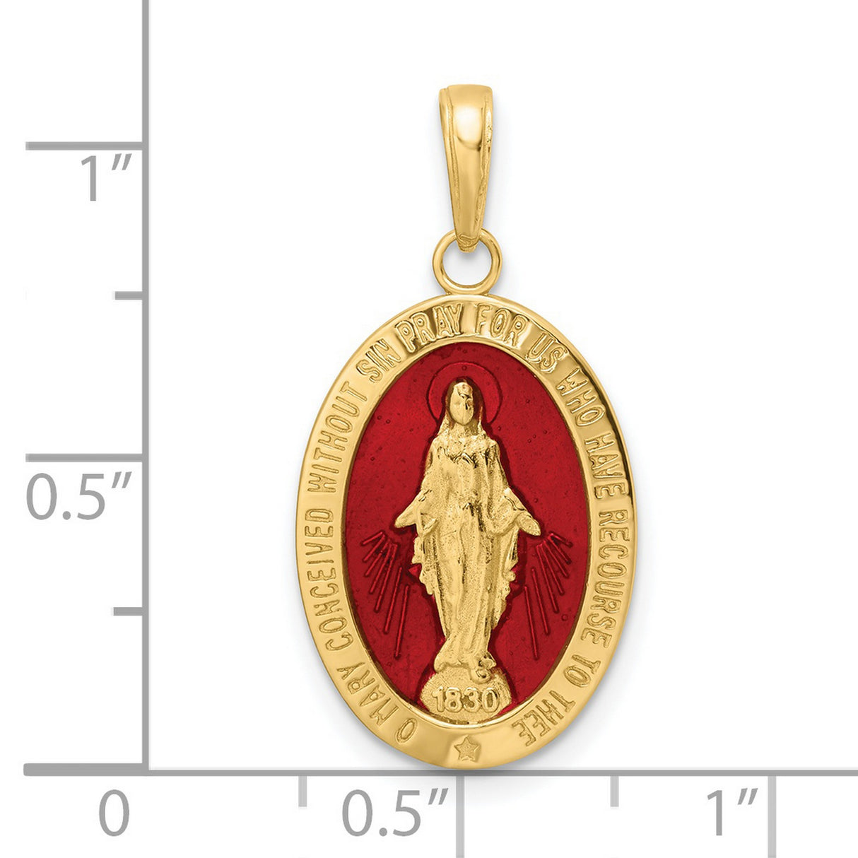 14k Yellow Gold Miraculous Medal Pendant with Red Enamel, Virgin Mary Inscribed 1830