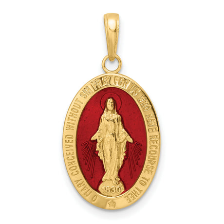 14k Yellow Gold Miraculous Medal Pendant with Red Enamel, Virgin Mary Inscribed 1830