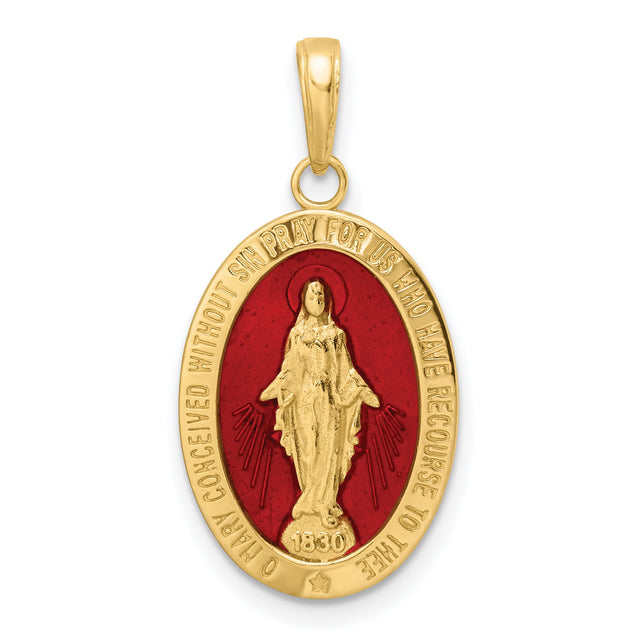 14k Yellow Gold Miraculous Medal Pendant with Red Enamel, Virgin Mary Inscribed 1830