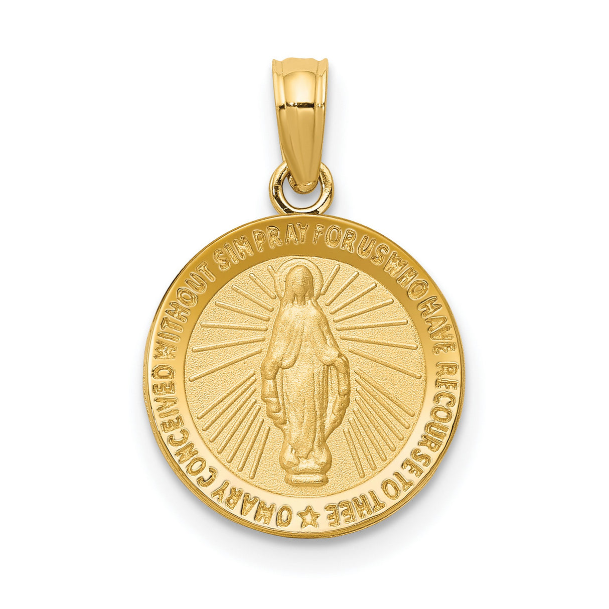 Miraculous Medal Our Lady of Graces with Words Solid Round Charm Pendant in Real 14k Yellow Gold