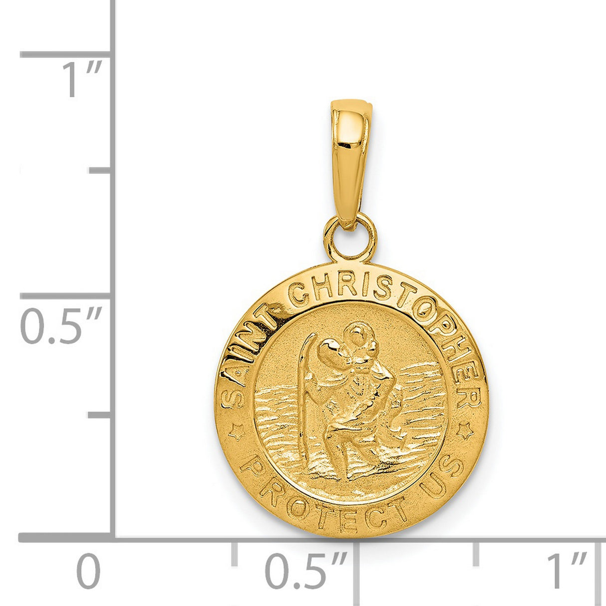 Solid Saint Christopher Protect Us Words Round Medal Charm Pendant in Real 14k Yellow Gold