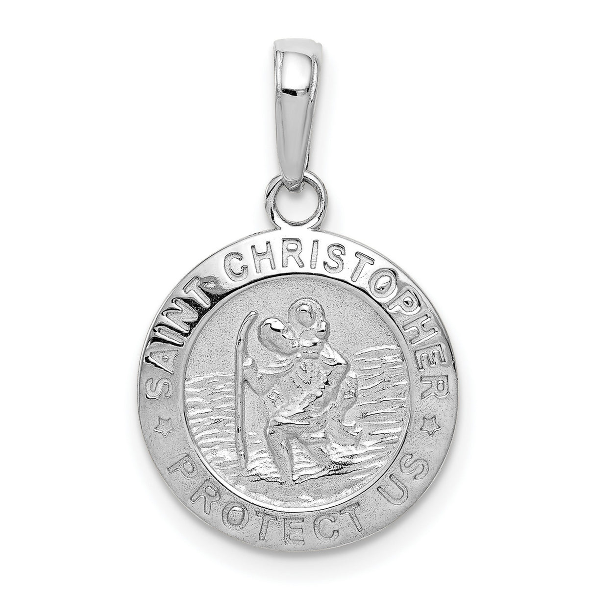 Solid Saint Christopher Protect Us Words Round Medal Charm Pendant in Real 14k White Gold