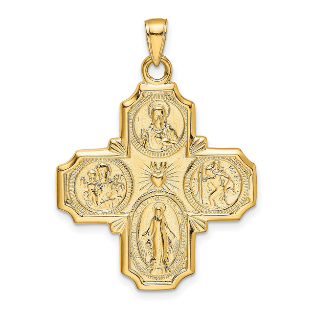 Solid Four Way Cross Cruciform Charm Pendant in Real 14k Yellow Gold