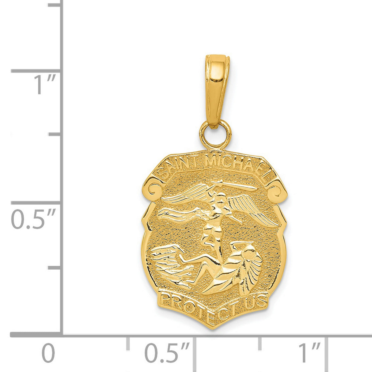 Solid Protect Us Words Saint Michael Police Officer Badge Charm Pendant in Real 14k Yellow Gold