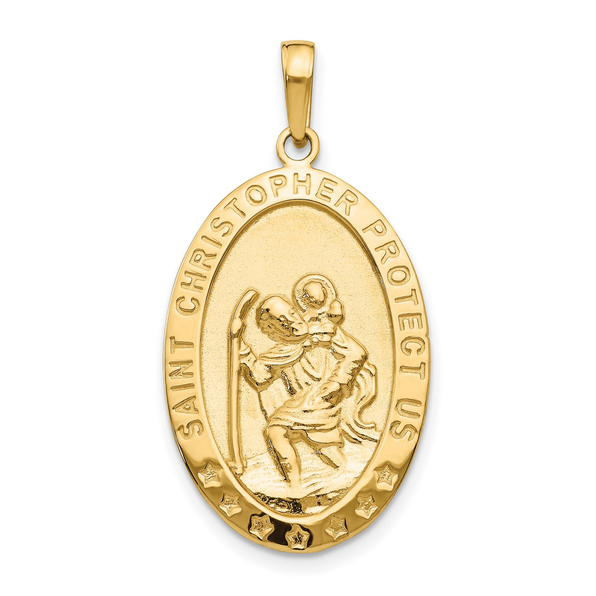 Solid Saint Christopher Protect Us Words Oval Medal Charm Pendant in Real 14k Yellow Gold