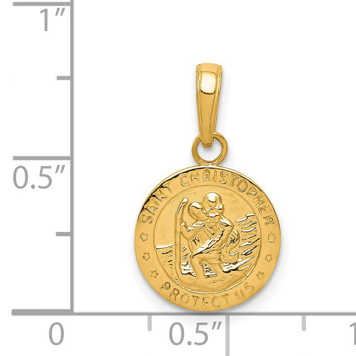 Solid Saint Christopher Protect Us Words Round Charm Pendant in Real 14k Yellow Gold