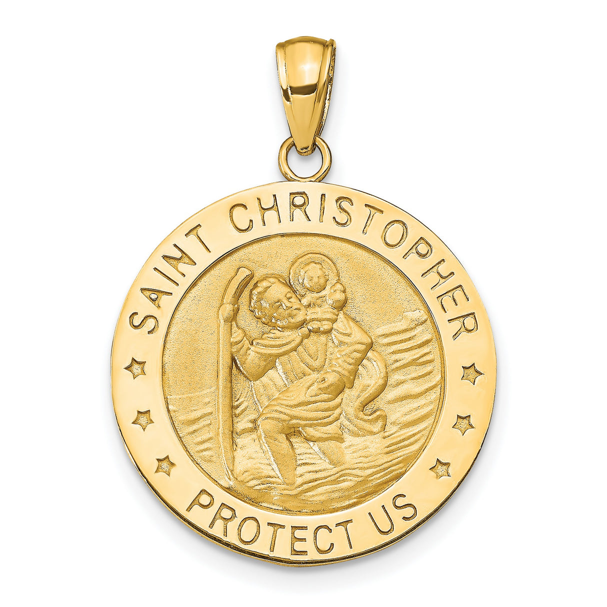 Saint Christopher Protect Us Words Solid Round Medal Charm Pendant in Real 14k Yellow Gold