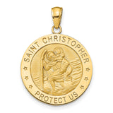 Saint Christopher Protect Us Words Solid Round Medal Charm Pendant in Real 14k Yellow Gold