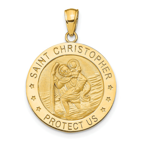 Saint Christopher Protect Us Words Solid Round Medal Charm Pendant in Real 14k Yellow Gold